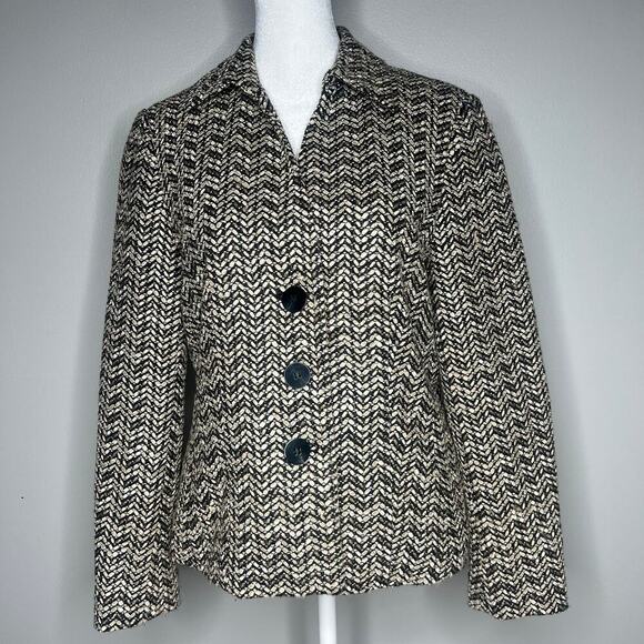 Talbots Womens Tweed Jacket Blazer Size 8 Herringbone Button Front Black & Cream - Picture 1 of 11